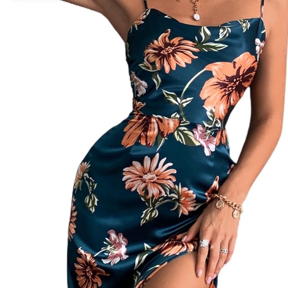 MakeMeChic Women's Floral Satin Silk Cowl Neck High Slit Cami Party Midi Dress